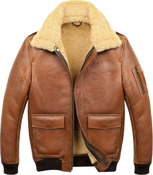 Men’s Aviator Camel Brown A2 Shearling Leather Bomber Jacket