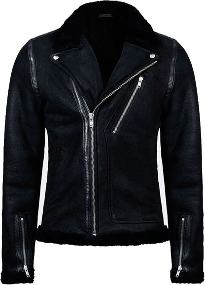 Men's Black Biker Leather Jacket with Fur - Stylish & Cozy