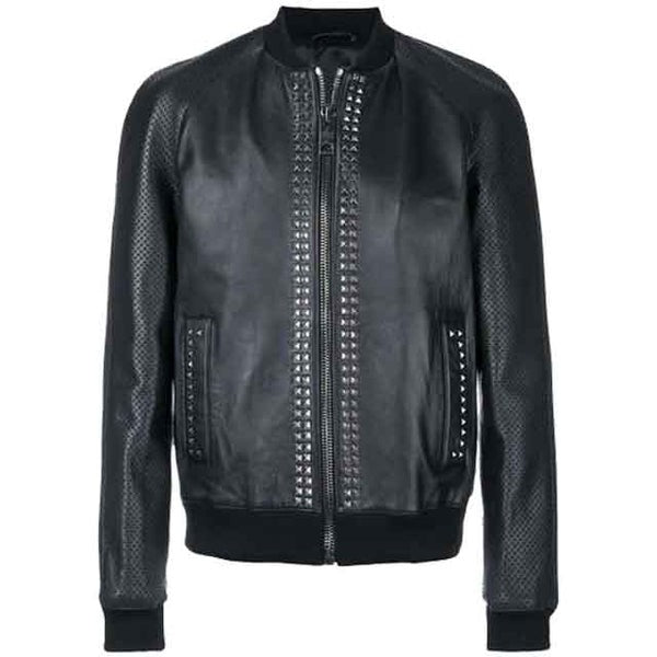 Men's Black Studded Bomber Leather Jacket