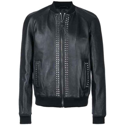 Men's Black Studded Bomber Leather Jacket