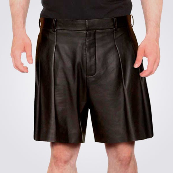 Men's Pleated Black Leather Shorts