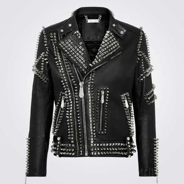 Men’s Silver Studded Punk Brando Leather Jacket – Avanzar Leather