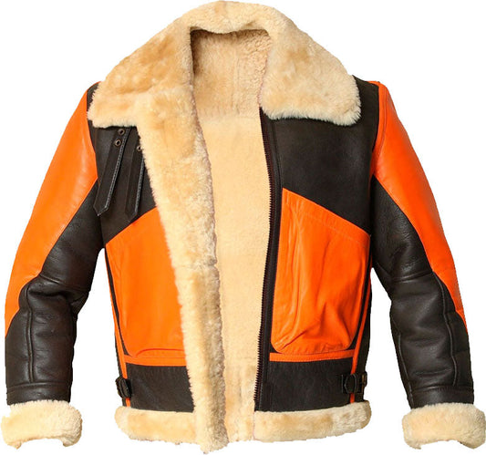 Men’s Brown Real Bomber Leather Jacket with Fur