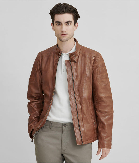 Men's Brown Cafe Racer Leather Jacket by Avanzar