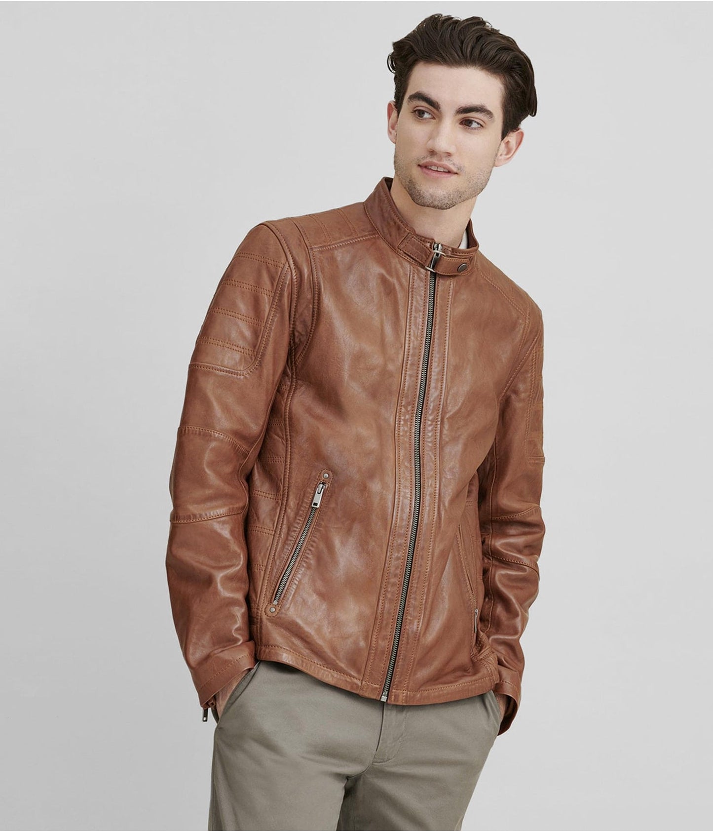 Men's Brown Cafe Racer Leather Jacket by Avanzar