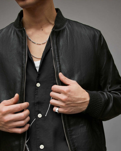  Men's Classic Black Leather Bomber Jacket - Iconic Style