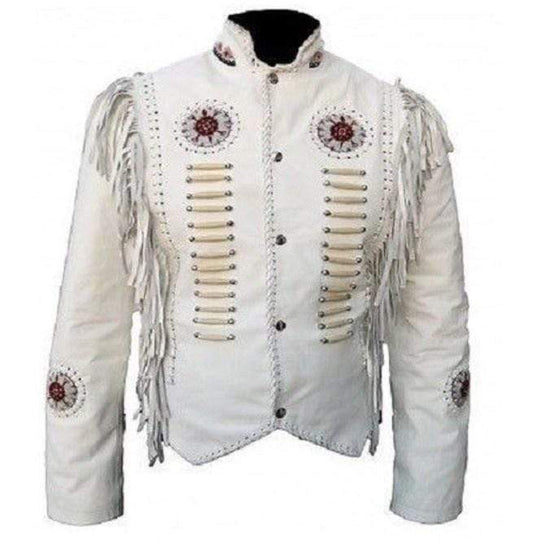 Men’s White Cowboy Leather Jacket - Western Coat with Fringes & Beads