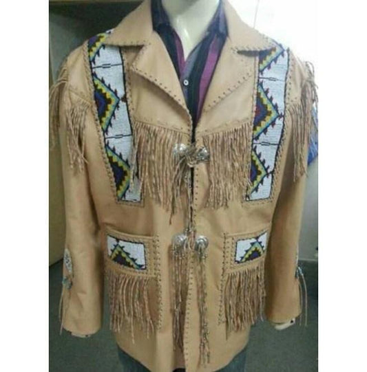 Men’s Beige Cowboy Leather Jacket - Western Coat with Fringes