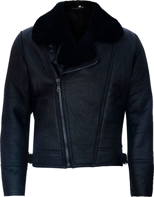 Men's Cross Zip Black Leather Jacket with Fur by Avanzar