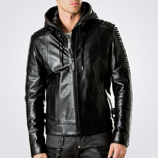 Men’s Studded Hooded Leather Biker Jacket with Lion Back – Avanzar