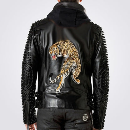 Men’s Studded Hooded Leather Biker Jacket with Lion Back – Avanzar