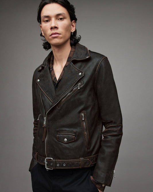 Men's Black Distressed Leather Biker Jacket - Vintage Style