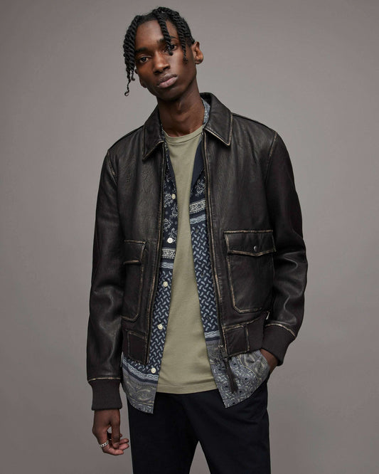 Men's Distressed Black Leather Bomber Harrington Jacket