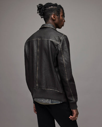 Men's Distressed Black Leather Bomber Harrington Jacket