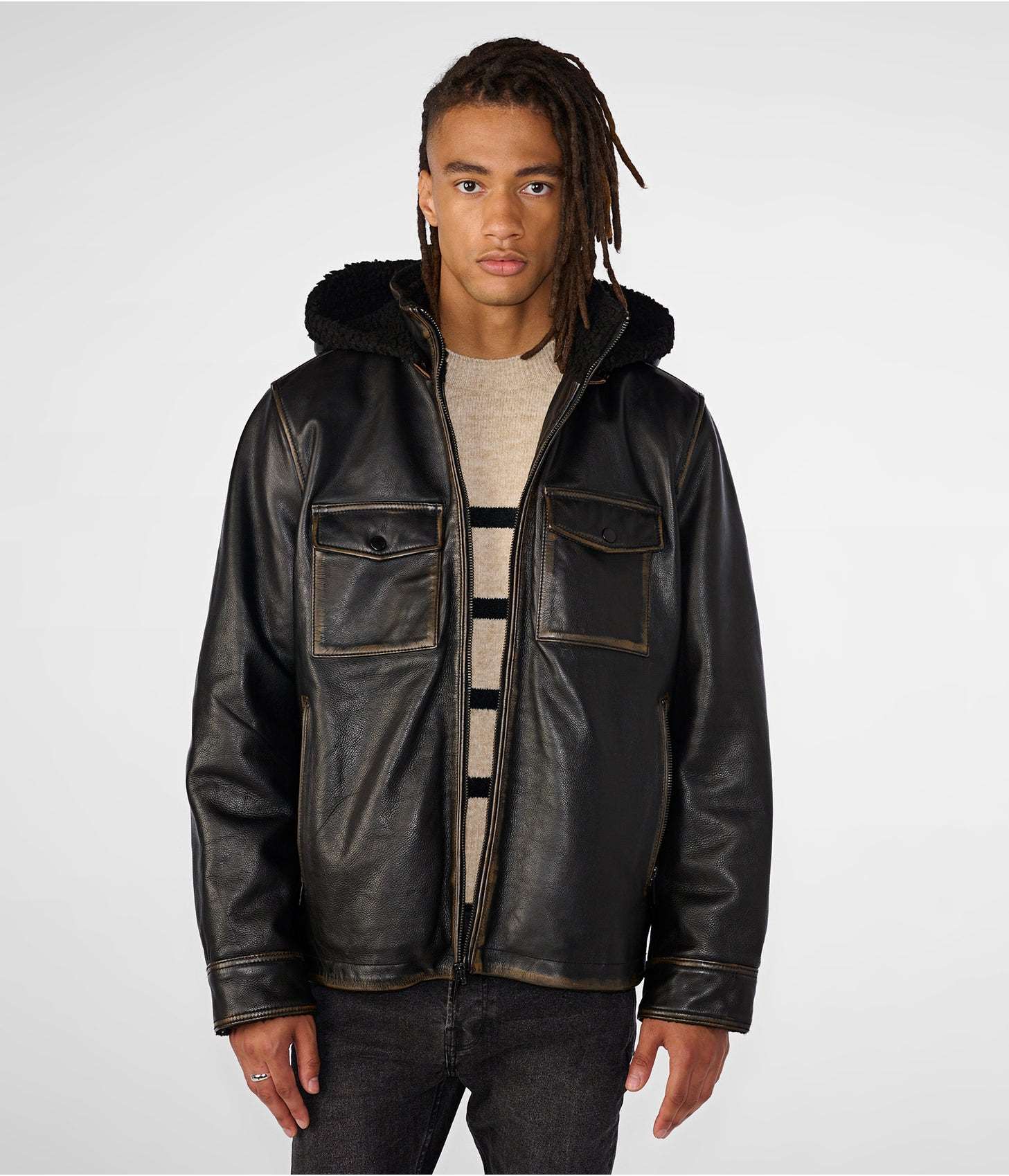 Men's Black Distressed Leather Harrington Shearling Jacket