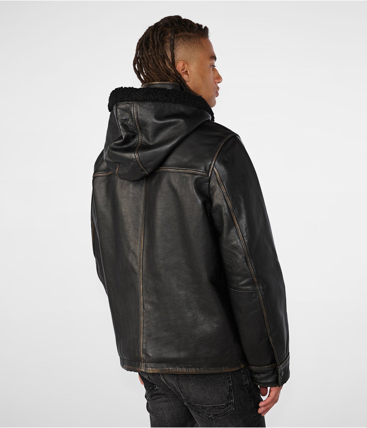 Men's Black Distressed Leather Harrington Shearling Jacket