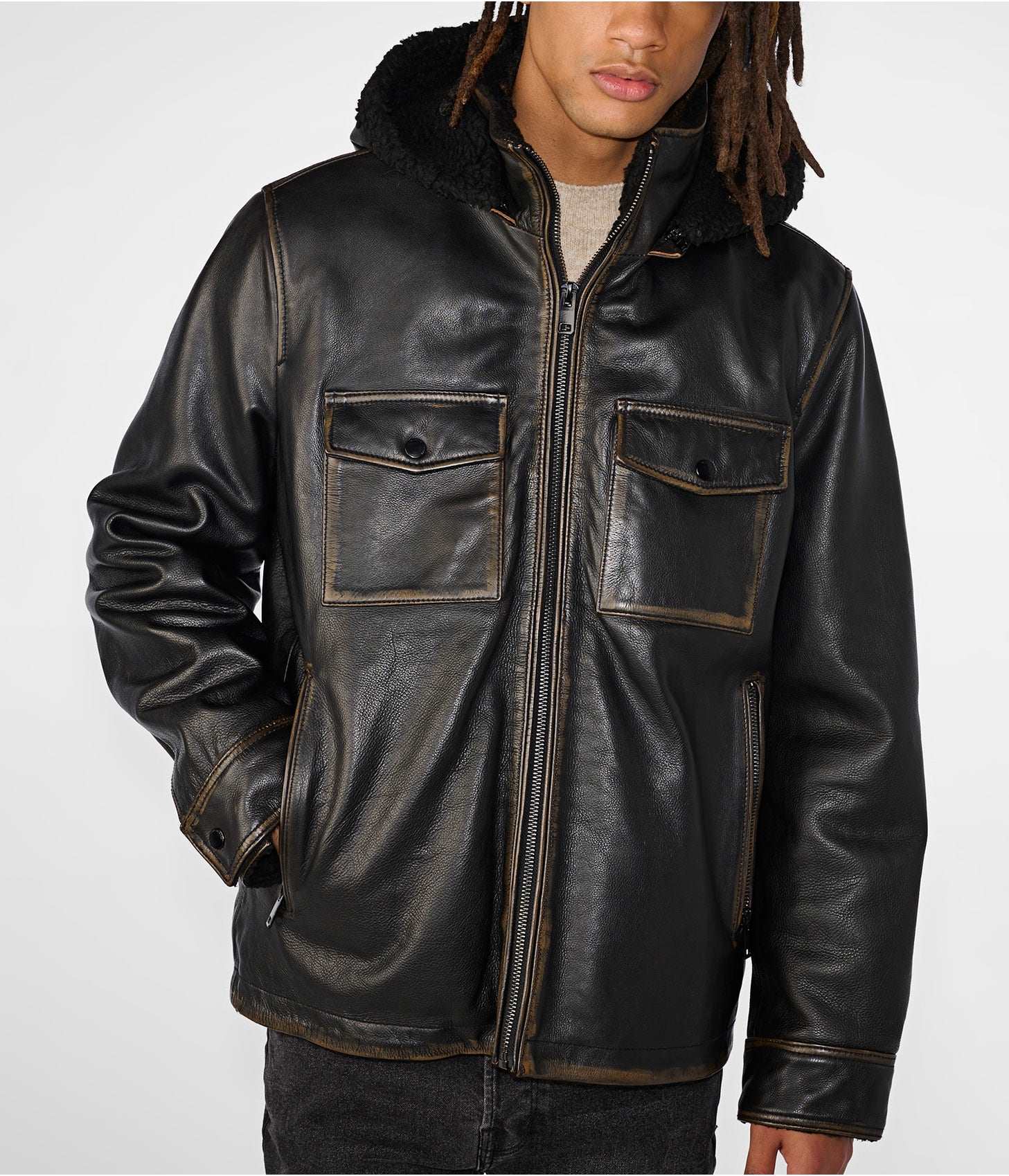 Men's Black Distressed Leather Harrington Shearling Jacket