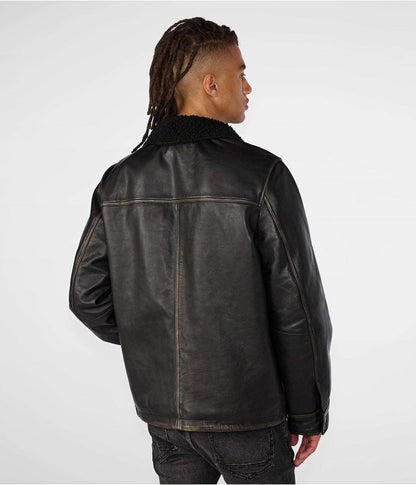 Men's Black Distressed Leather Harrington Shearling Jacket