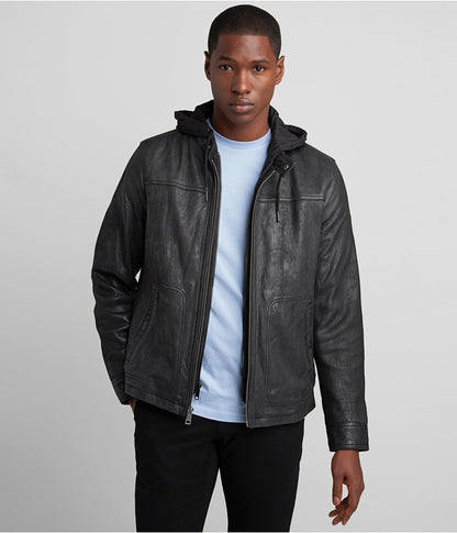 Men's Black Distressed Leather Jacket with Hood