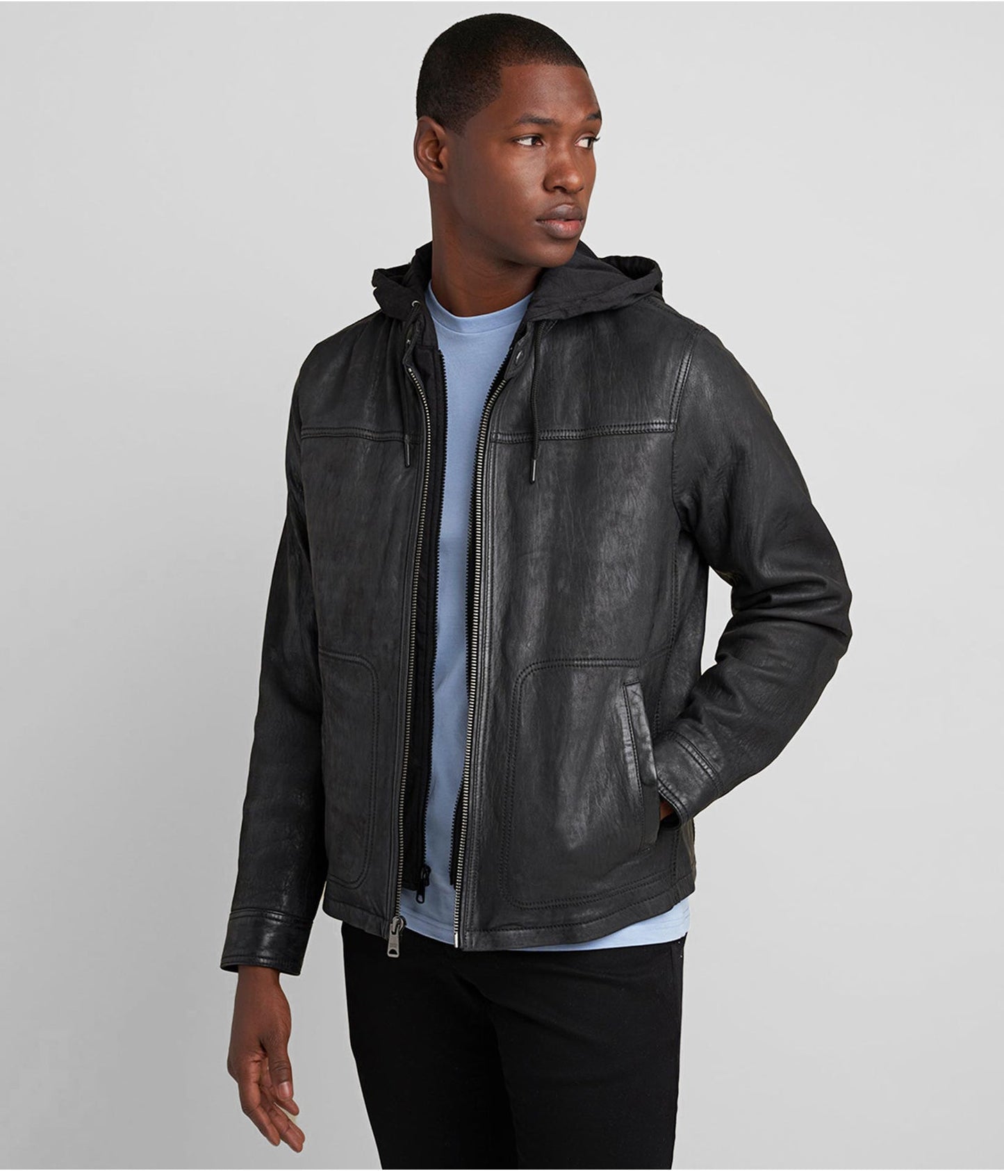 Men's Black Distressed Leather Jacket with Hood