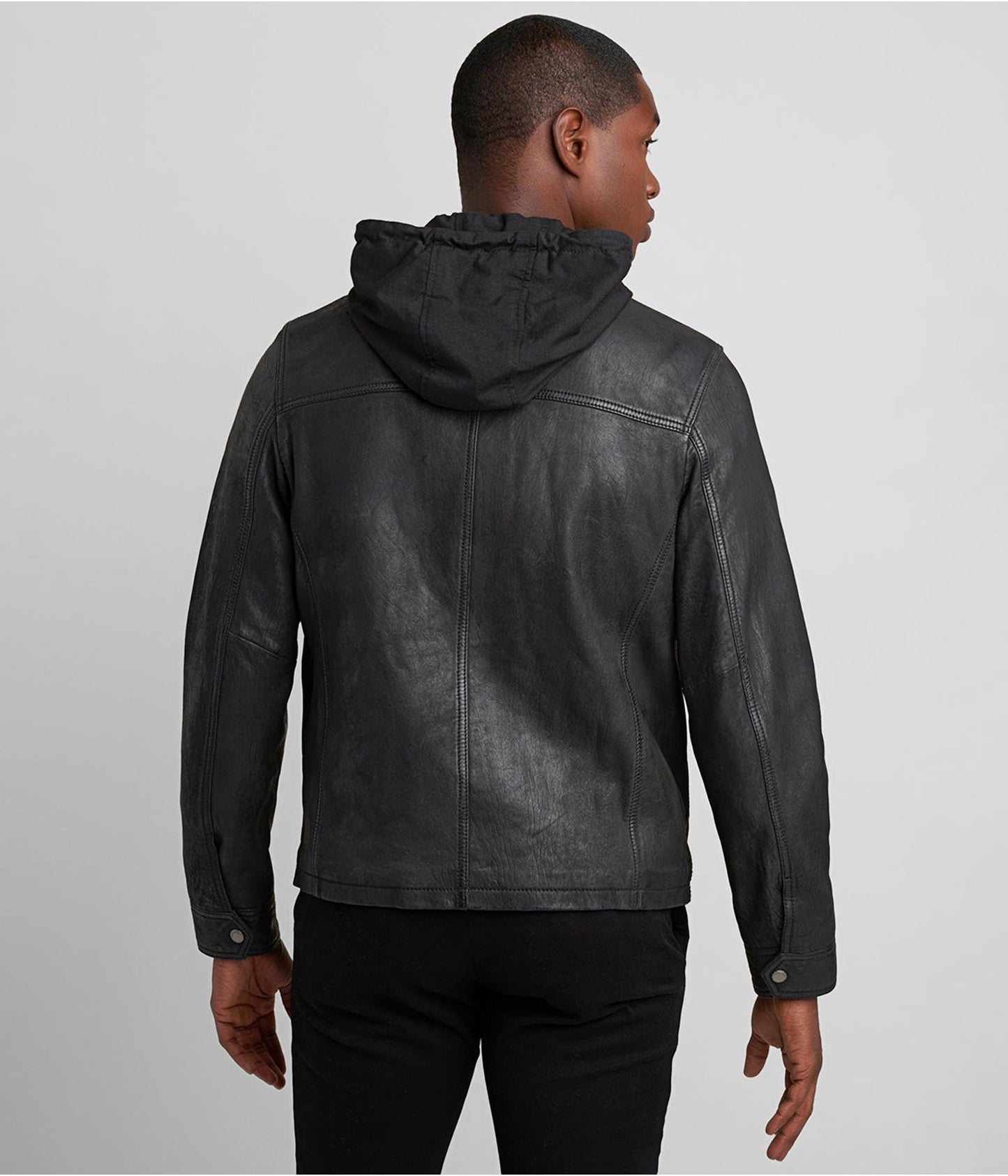 Men's Black Distressed Leather Jacket with Hood