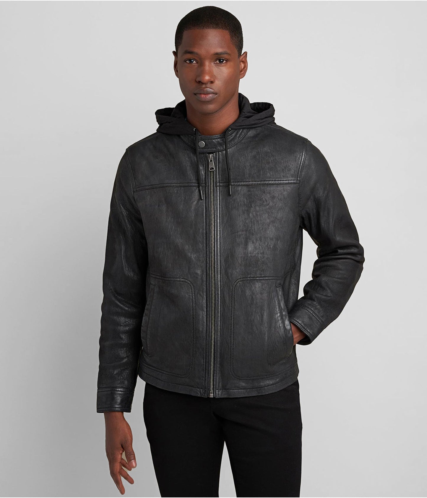 Men's Black Distressed Leather Jacket with Hood