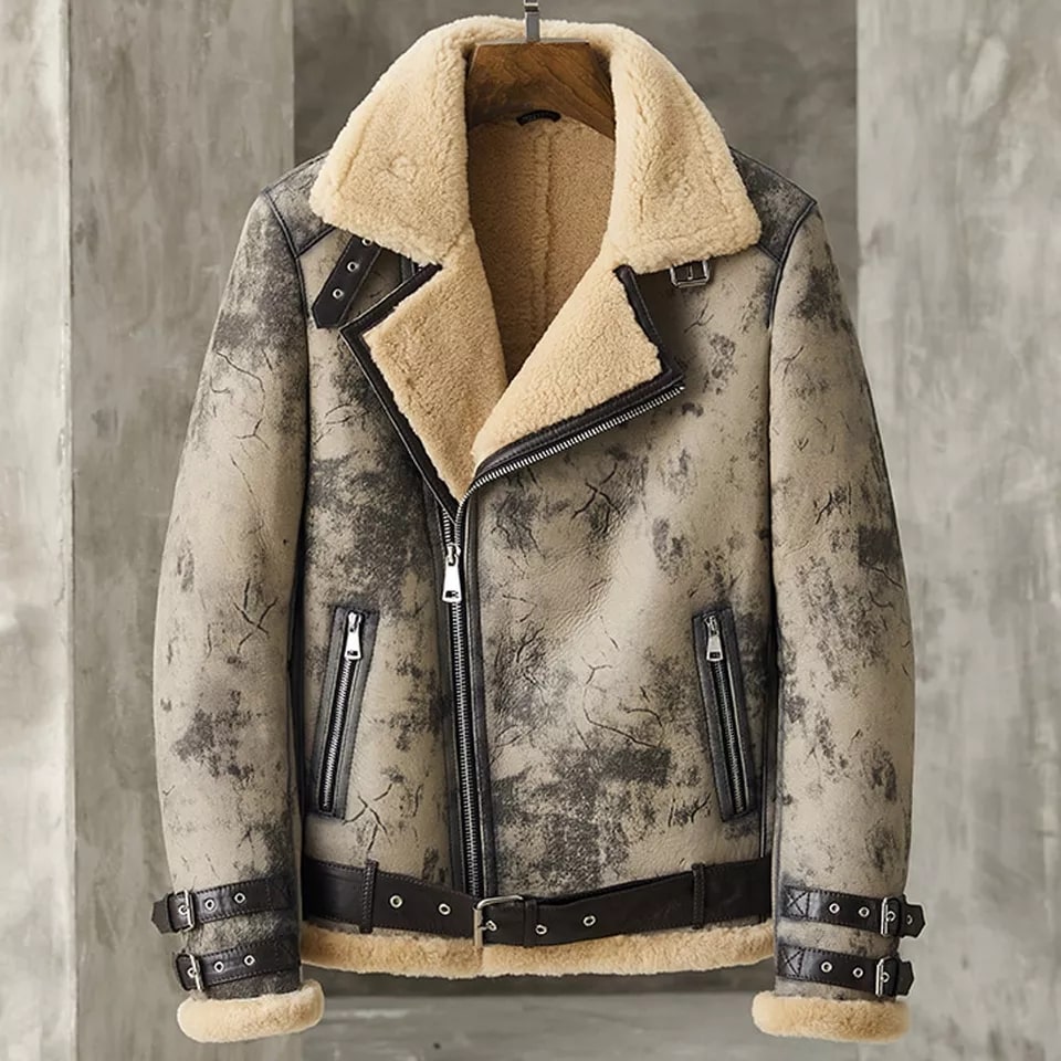 Men's Distressed Shearling Biker Leather Jacket