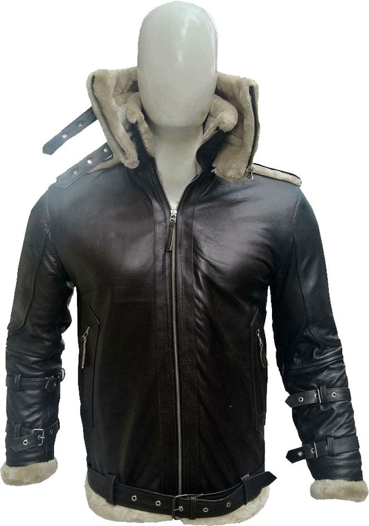 Men’s Double Collar Leather Jacket with Luxurious Fur