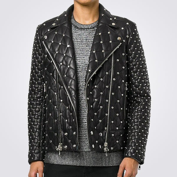 Men’s Black Fashion Leather Jacket with Silver Studs – Avanzar Leather