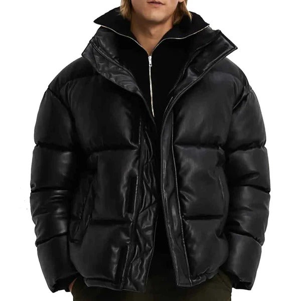 Men’s Black Faux Leather Puffer Jacket Avanzar Leather