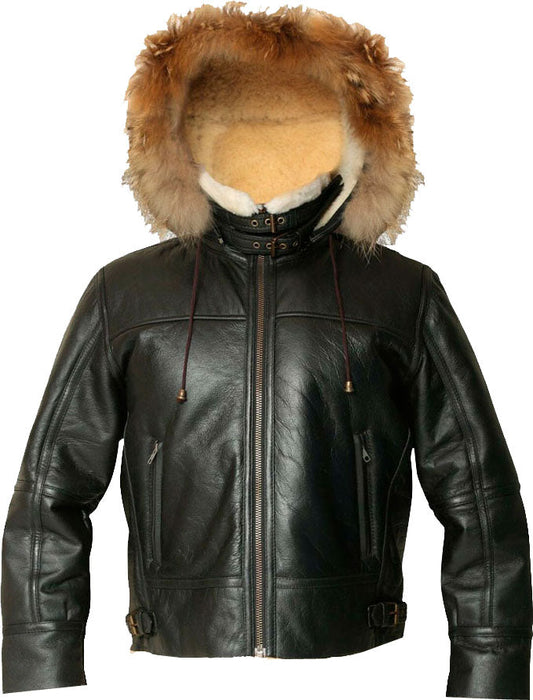 Men's Hooded Flight Bomber Leather Jacket with Fur by Avanzar