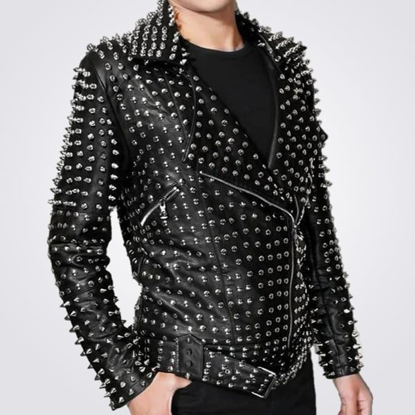 Men’s Full Silver Studded Lambskin Leather Jacket – Avanzar Leather