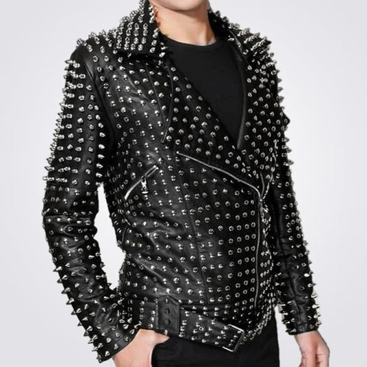 Men’s Full Silver Studded Lambskin Leather Jacket – Avanzar Leather