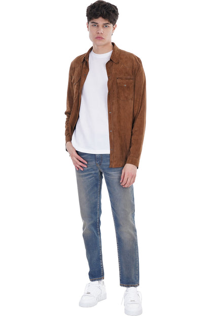  Men's Tan Brown Full Sleeve Suede Leather Shirt