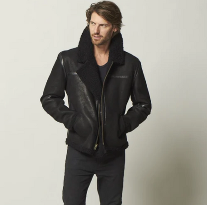 Men's Black Sheepskin Leather Aviator Jacket with Fur