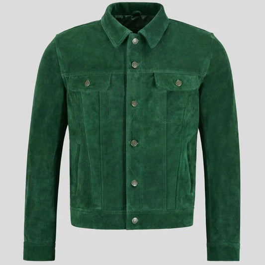 Men’s Green Trucker Style Suede Leather Jacket – Bold & Versatile Avanzar Leather