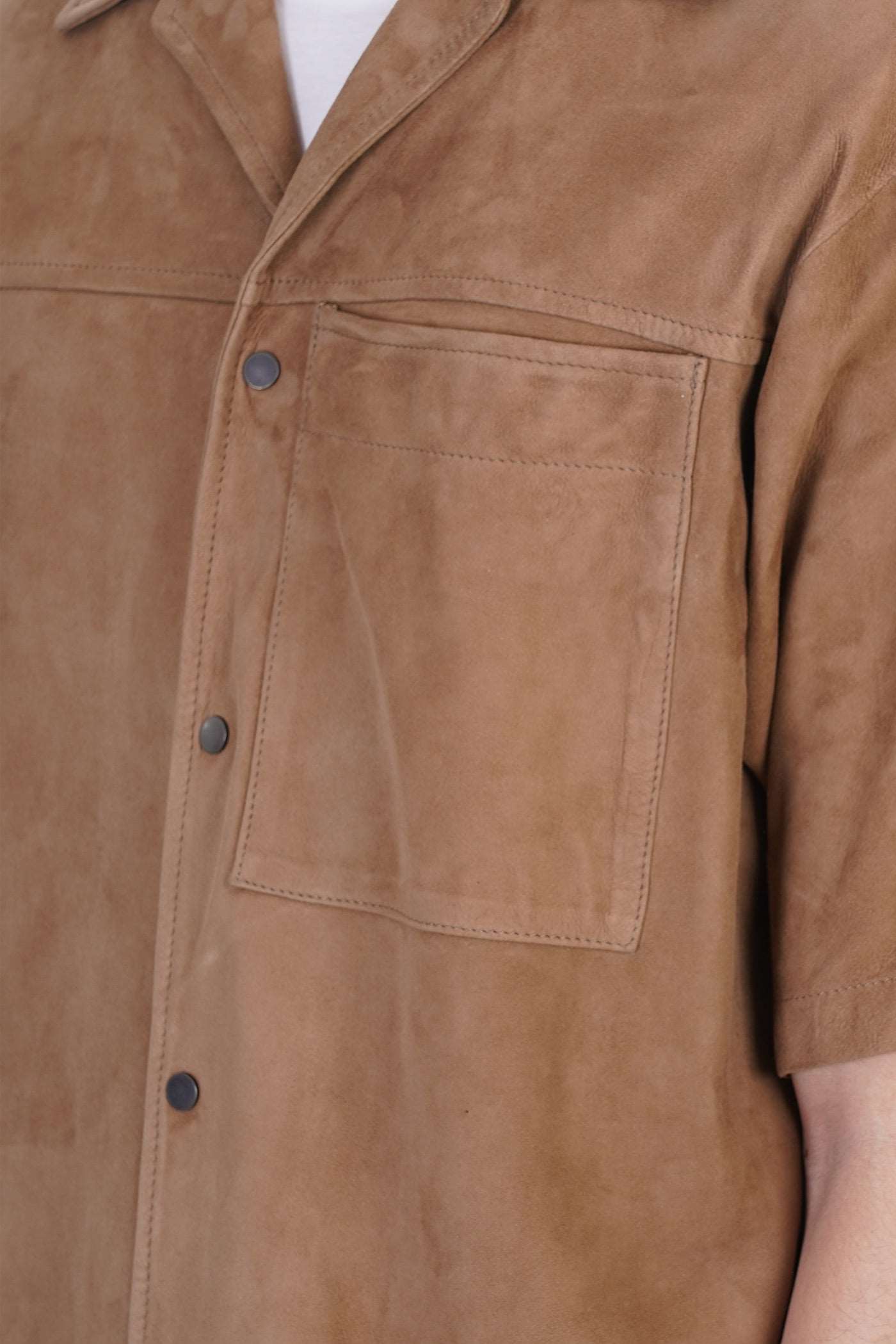 Men's Tan Brown Half Sleeve Suede Leather Shirt