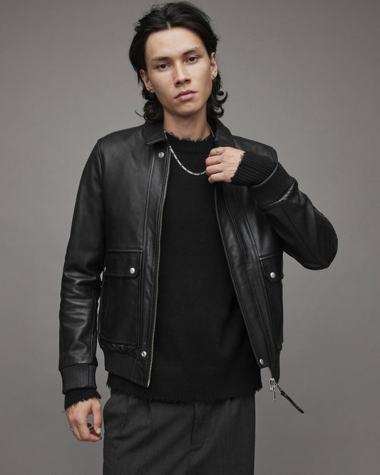 Men's Black Leather Bomber Harrington Jacket by Avanzar