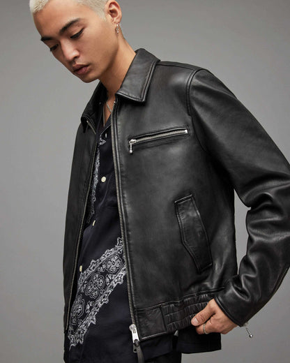 Men's Black Harrington Leather Bomber Jacket