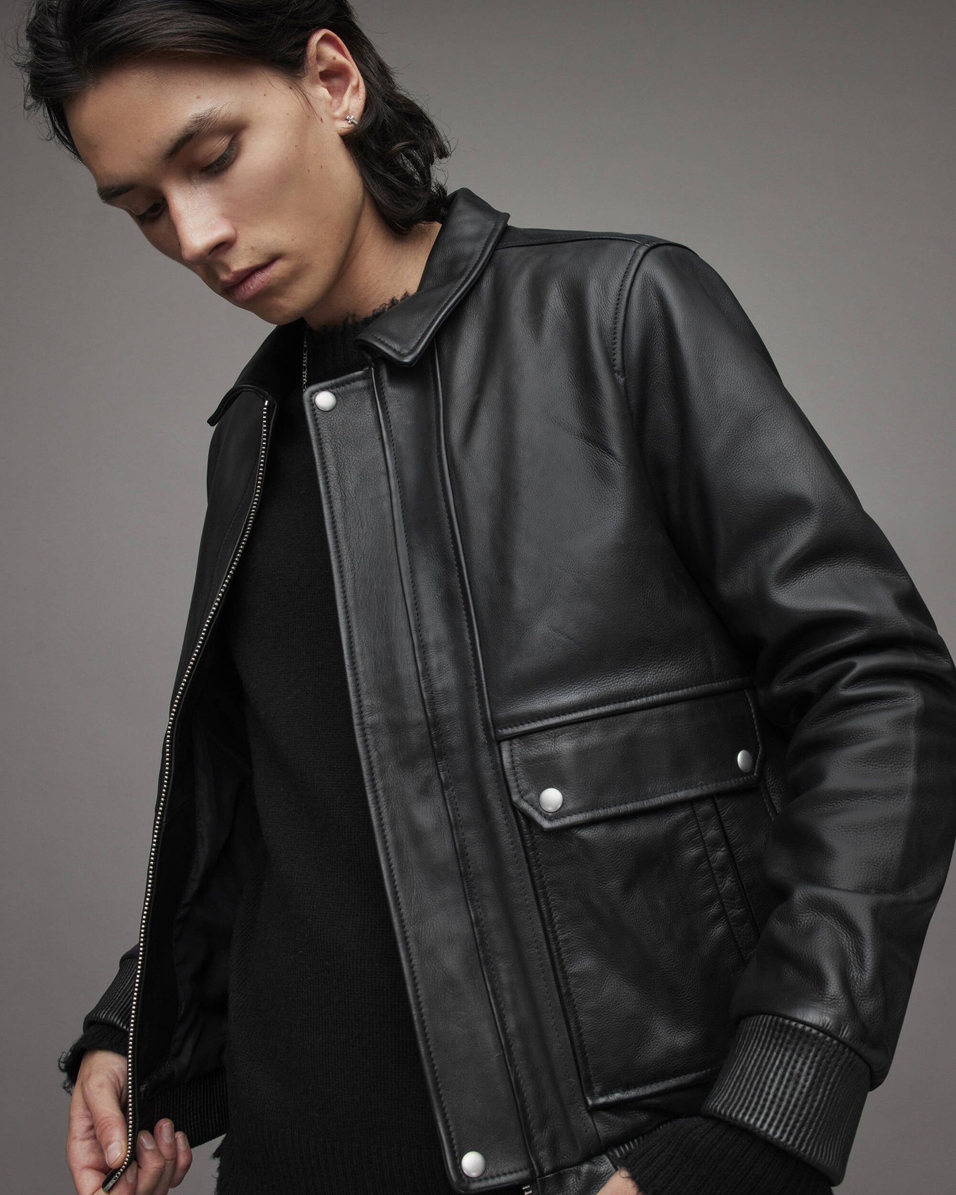 Men's Black Leather Bomber Harrington Jacket by Avanzar