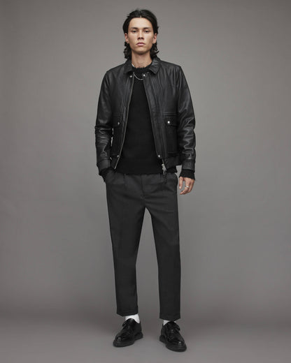 Men's Black Leather Bomber Harrington Jacket by Avanzar