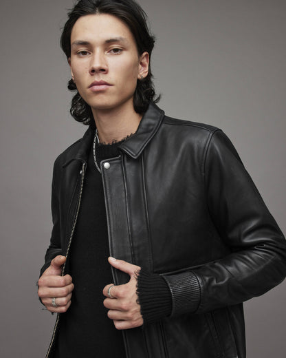 Men's Black Leather Bomber Harrington Jacket by Avanzar