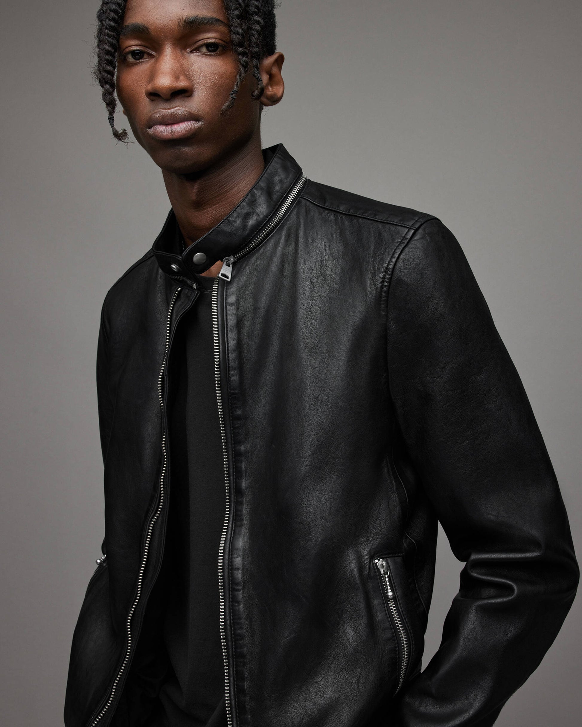 Men's Black Leather Bomber Jacket with Dual Collar - Stylish Comfort