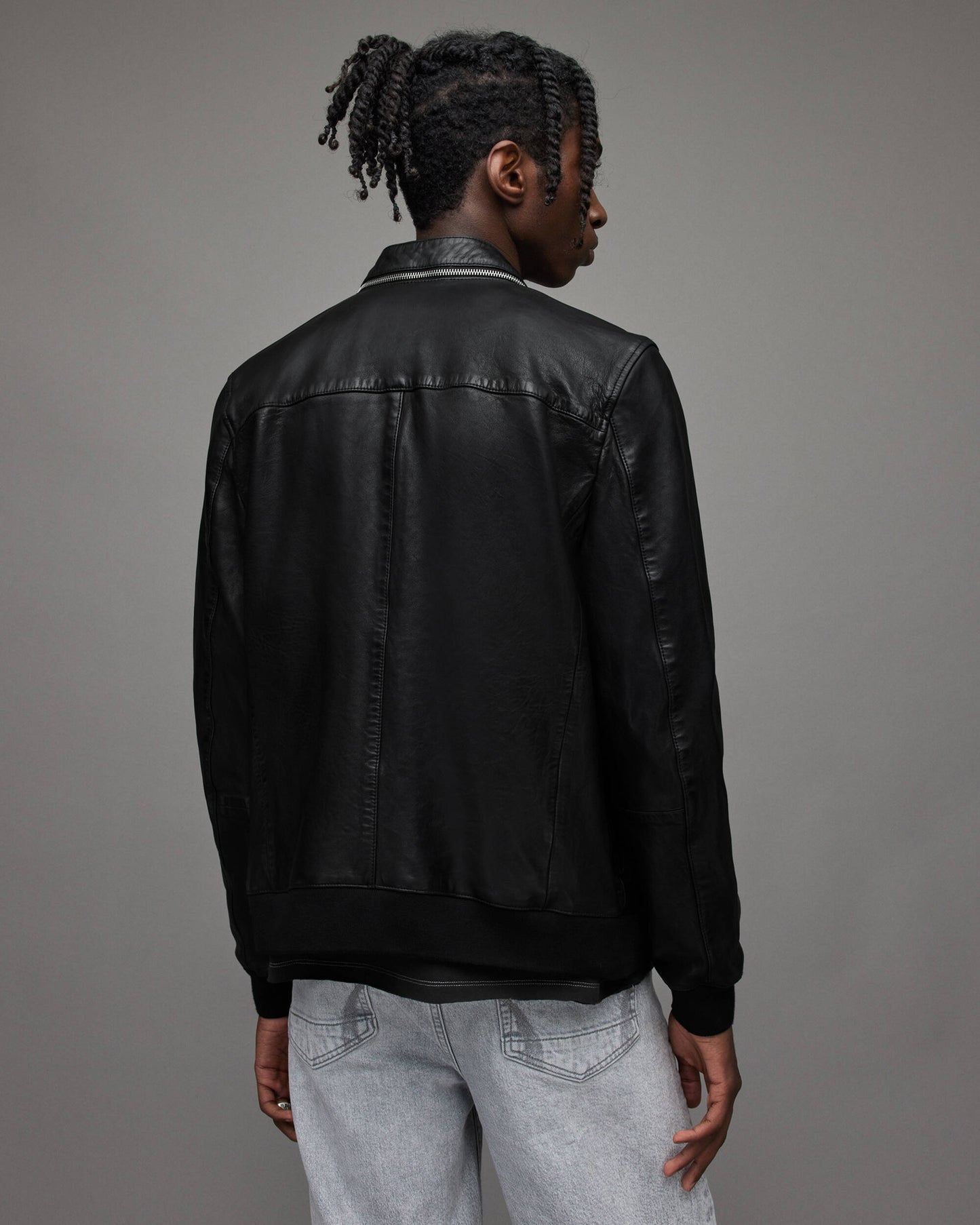 Men's Black Leather Bomber Jacket with Dual Collar - Stylish Comfort