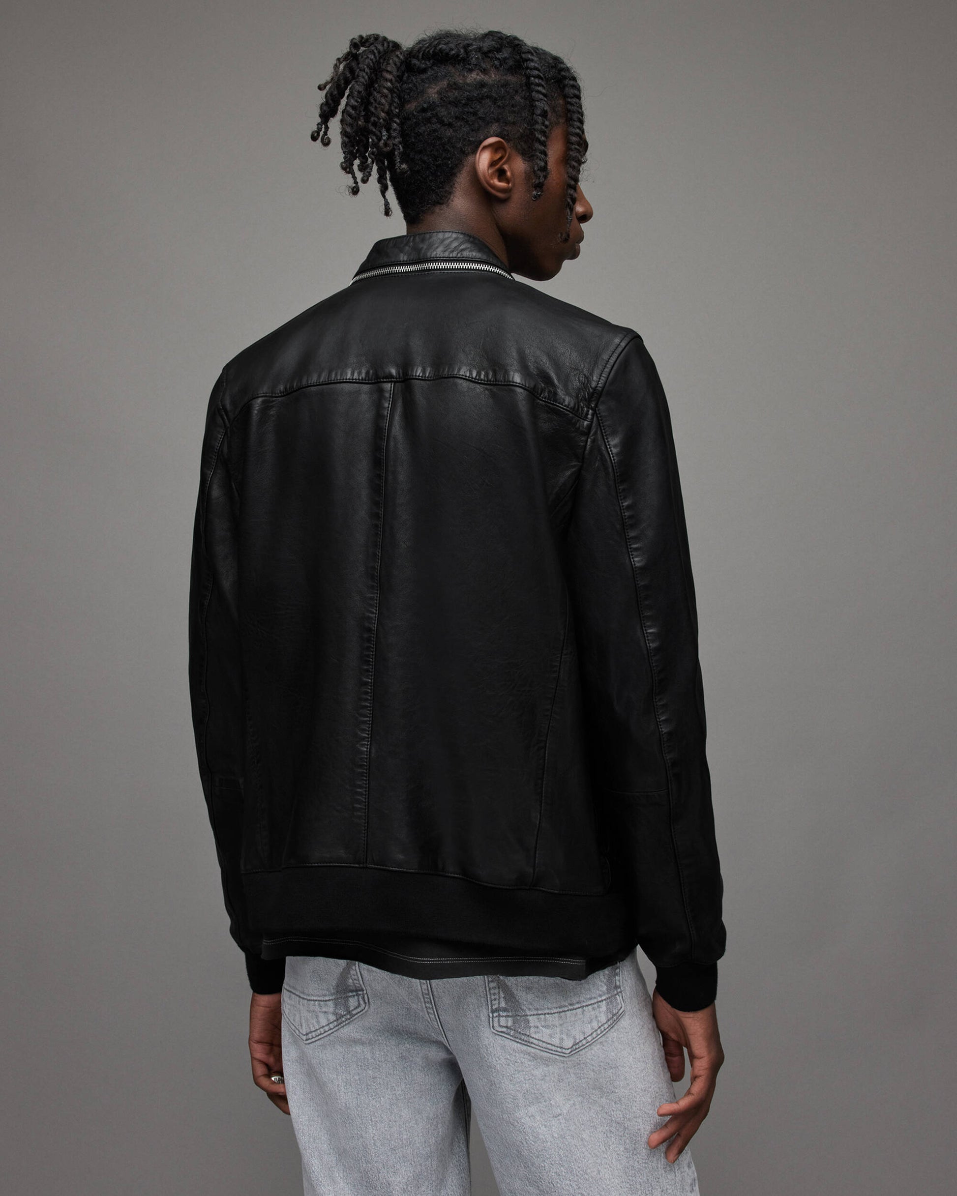 Men's Black Leather Bomber Jacket with Dual Collar - Stylish Comfort