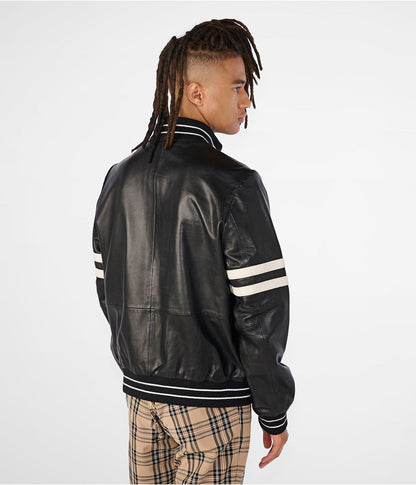 Men's Black Leather Bomber Jacket with Stripes