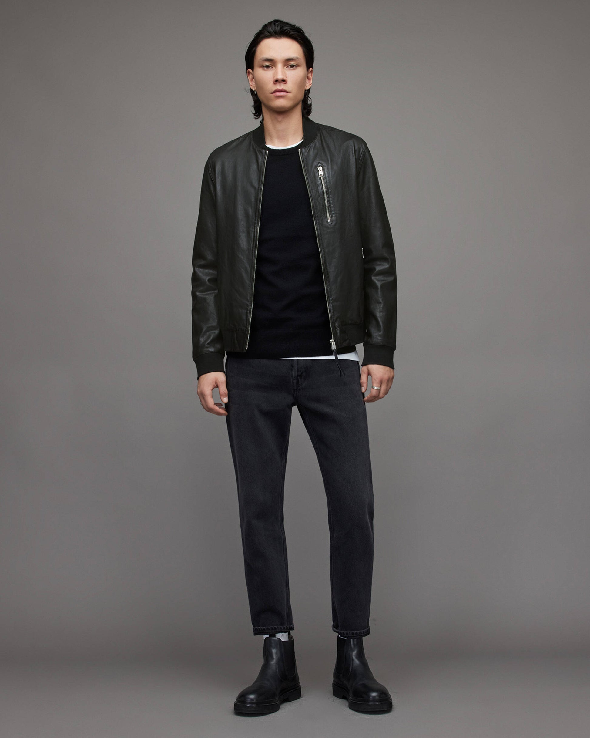 Men's Black Leather Bomber Jacket - Timeless Style