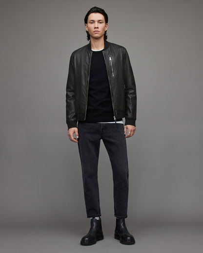 Men's Black Leather Bomber Jacket - Timeless Style