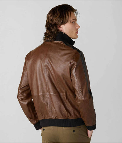 Men's Chocolate Brown Leather Bomber Jacket with Stripes