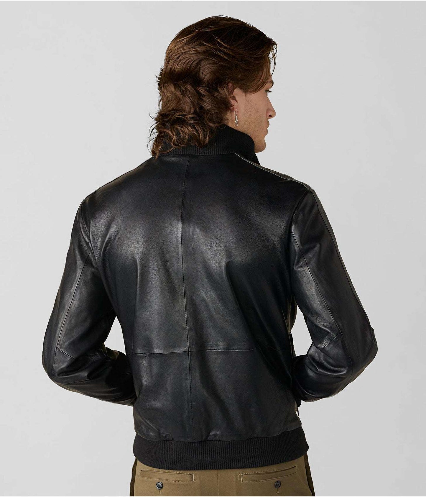 Men's Classic Black Leather Bomber Jacket with Stripes